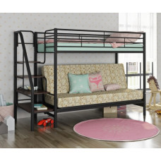 Двухъярусная кровать Мадлен-3 черного цвета с диваном в цвете Марки и ступеньками венге