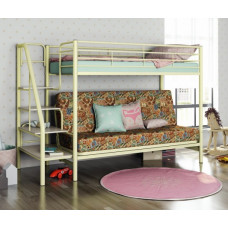 Двухъярусная кровать Мадлен-3 цвета слоновой кости с диваном в цвете Марки и ступеньками венге