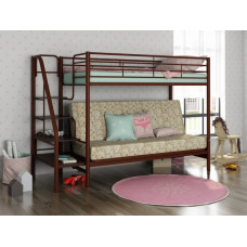 Двухъярусная кровать с диваном Мадлен-3 коричневая с тканью Пифагор и ступеньками венге